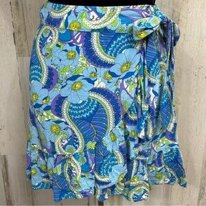 Scoop Paisley Floral Wrap Mini Skirt in Blue and Green